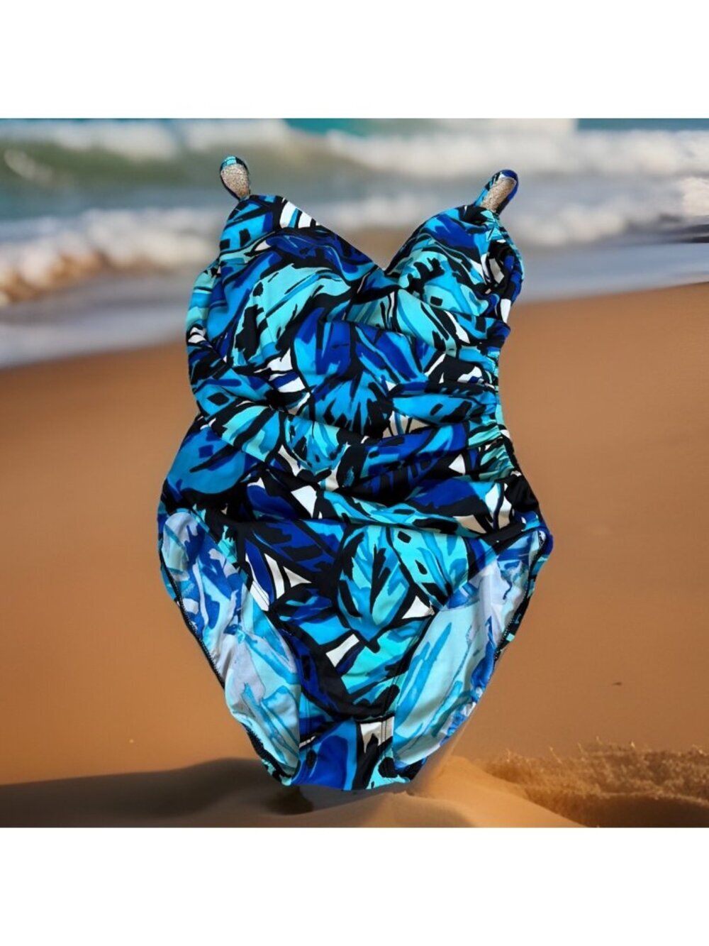 Aqua Green Faux Wrap One Piece Swimsuit Women's L Blue Leaf Print Resort Beach